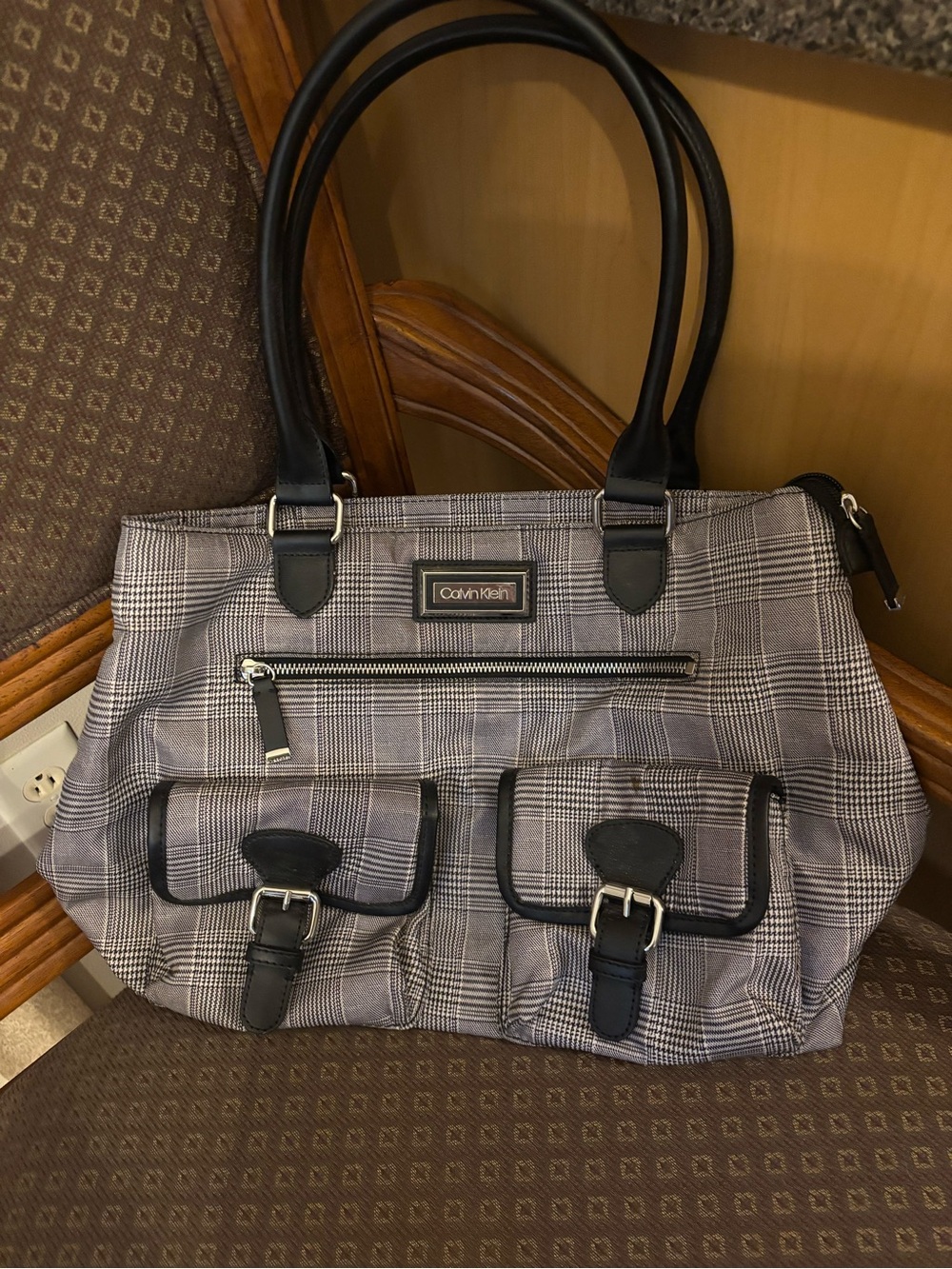 Calvin Klein Gray Plaid Tote with Black Trim